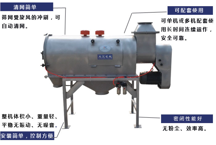 氣旋篩工作原理：篩網(wǎng)受旋風(fēng)的沖刷，可自動(dòng)清網(wǎng)，單機(jī)或多機(jī)配套使用長(zhǎng)時(shí)間連續(xù)運(yùn)作，安全可靠。