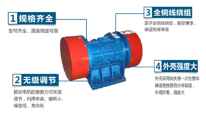 VB振動電機(jī)特點(diǎn)：1，規(guī)格齊全：型號齊全，質(zhì)量穩(wěn)定可靠。2，無極調(diào)節(jié)：振動電機(jī)的激振力可無極調(diào)節(jié)，利用率高，能耗小，噪音低，壽命長。4，外殼輕度大：外殼采用消失模一次性整體鑄造替換原有分體制造，外觀好看，強(qiáng)度大。