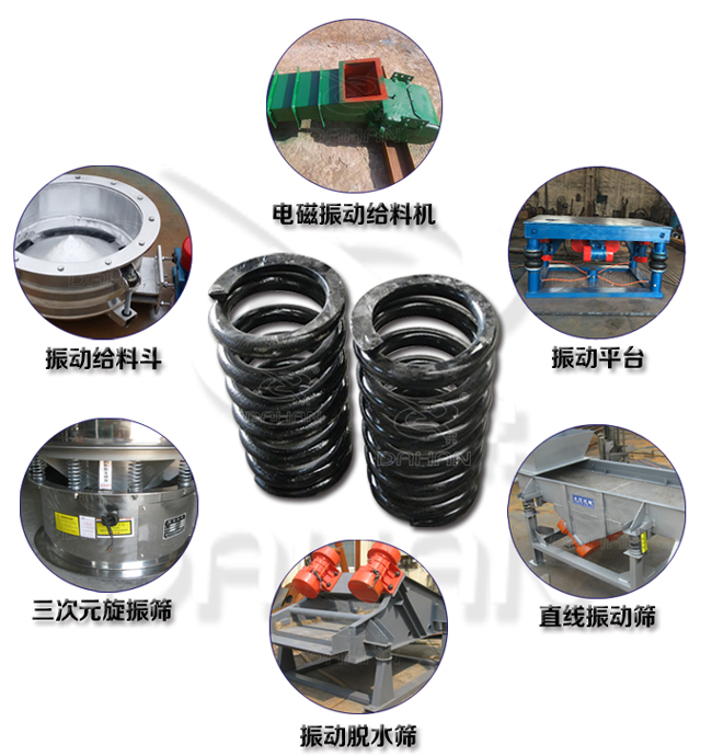 旋振篩減震彈簧適用產(chǎn)品：振動(dòng)給料機(jī)，電磁振動(dòng)給料機(jī)，振動(dòng)平臺(tái)，直線振動(dòng)篩，振動(dòng)脫水篩，三次元旋振篩。