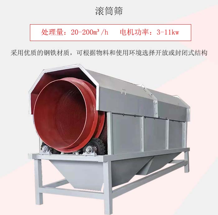 滾筒篩采用優(yōu)質(zhì)的鋼鐵材質(zhì)，可根據(jù)物料和使用環(huán)境選擇開放或封閉式結(jié)構(gòu)