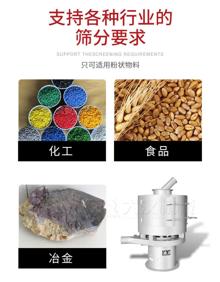 氣流篩用于礦粉，石墨粉，活性納米碳酸鈣，鋁灰，大豆粉，碳酸重鈣，石墨粉，木粉，干草，重金石粉，藥粉末，橡膠顆粒，草酸鹽，干料粉，木粉，聚酯粉，干粉，塑料，金屬粉末，橡膠粉，粉煤灰，石墨粉，陶瓷粉，鋅粉，石英粉，石灰粉，鐵粉，金屬硅粉等。