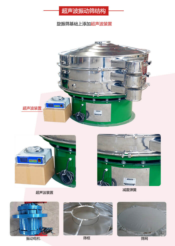 圓篩機(jī)內(nèi)部結(jié)構(gòu)：主要由振動(dòng)電機(jī)、篩框、篩網(wǎng)、超聲波系統(tǒng)、減震彈簧等展示圖