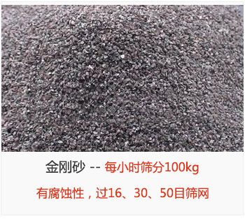 篩分金剛砂每小時100kg，有腐蝕性，過16、30、50目篩網(wǎng)