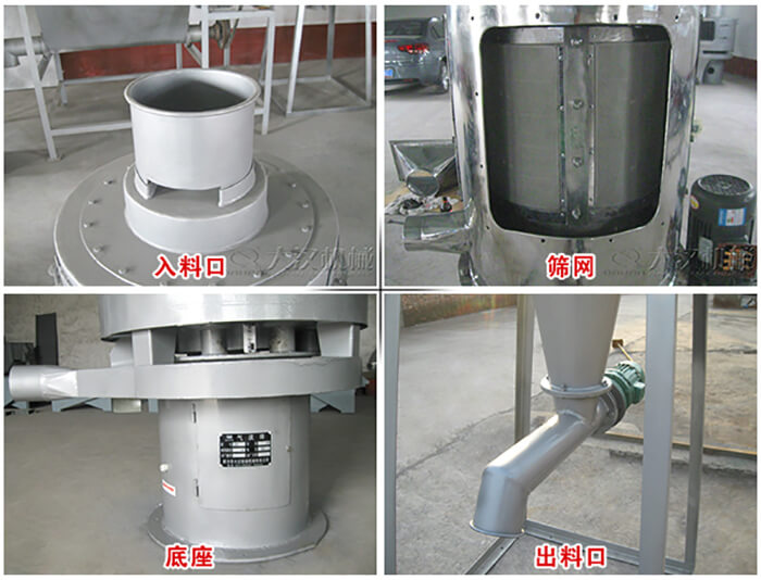 氣流篩部件展示：入料口，篩網(wǎng)，底座，出料口等。
