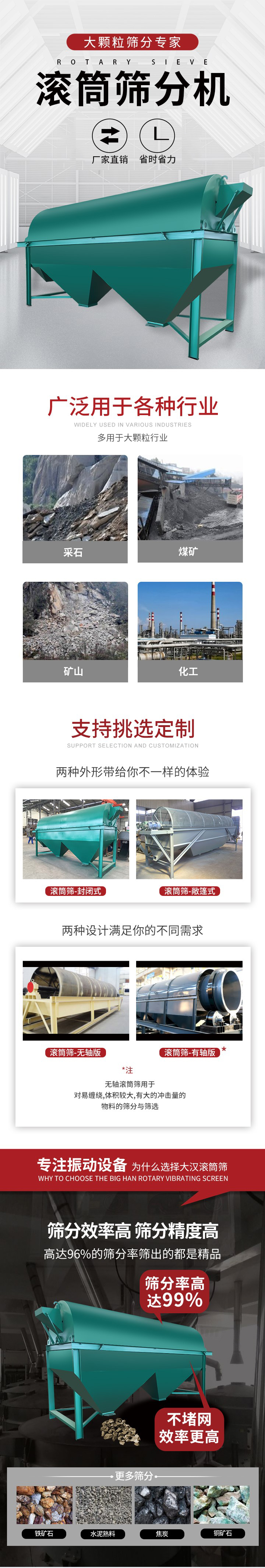 滾筒篩分機(jī)大顆粒篩分專家：廠家直銷，省時(shí)省力。滾筒篩被廣泛應(yīng)用各種行業(yè)：多用于大顆粒行業(yè)例如：采石，煤礦，礦山，化工等。滾筒篩定制類型有哪些：封閉式與敞篷式產(chǎn)品結(jié)構(gòu)分為：無(wú)軸式，有軸式兩種，無(wú)軸滾筒篩用于對(duì)纏繞，體積較大，有大的沖擊量的物料的篩分與篩選。滾筒篩篩分效率高篩分精度能夠達(dá)到：96%也比較適用于鐵礦石，水泥熟料，焦炭，銅礦石。滾筒篩特點(diǎn)：不飛粉末：密封隔離罩，密封性好，工作過(guò)程不會(huì)出現(xiàn)飛粉現(xiàn)象。外型尺寸是按筒體長(zhǎng)計(jì)