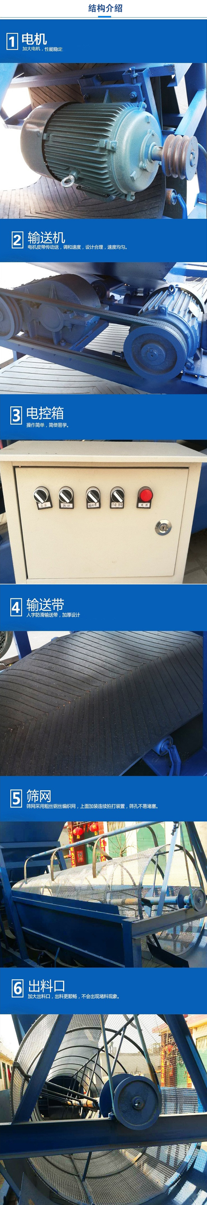 移動(dòng)篩沙機(jī)結(jié)構(gòu):電機(jī)，加大電機(jī)，性能相對(duì)比較穩(wěn)定。輸送機(jī)：電機(jī)皮帶傳動(dòng)送，調(diào)和速度，設(shè)計(jì)合理，速度均勻。電控箱：操作簡(jiǎn)單，簡(jiǎn)便易學(xué)。輸送帶：人字防滑輸送帶，加厚設(shè)計(jì)。篩網(wǎng)，采用粗絲鋼絲編織而成的篩網(wǎng)，上面加裝連續(xù)拍打裝置，篩孔不易堵塞。出料口：加大出料口，出料更順暢，不會(huì)出現(xiàn)堵料現(xiàn)象。
