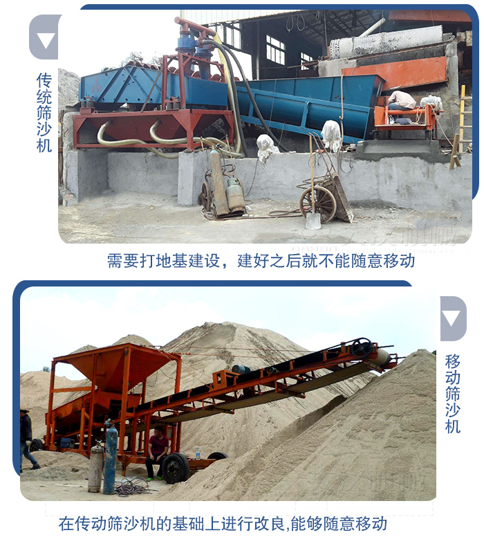 移動(dòng)的篩沙機(jī)在安裝前需要打地基，而固定完畢后就不能隨意的移動(dòng)，而移動(dòng)篩沙機(jī)不需要打地并且隨時(shí)能夠進(jìn)行移動(dòng)。