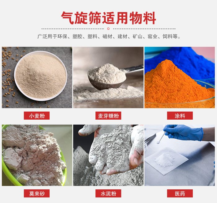 氣旋篩適用物料：小麥粉，麥芽糖粉，涂料，等粉狀物料。