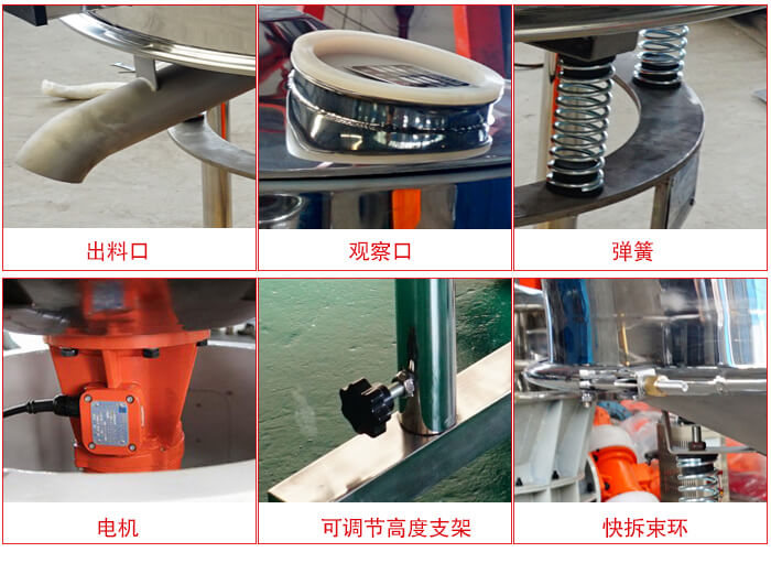 高頻篩細(xì)節(jié)展示：出料口，觀察口，彈簧，電機(jī)，可調(diào)節(jié)高度支架，快拆束環(huán)。